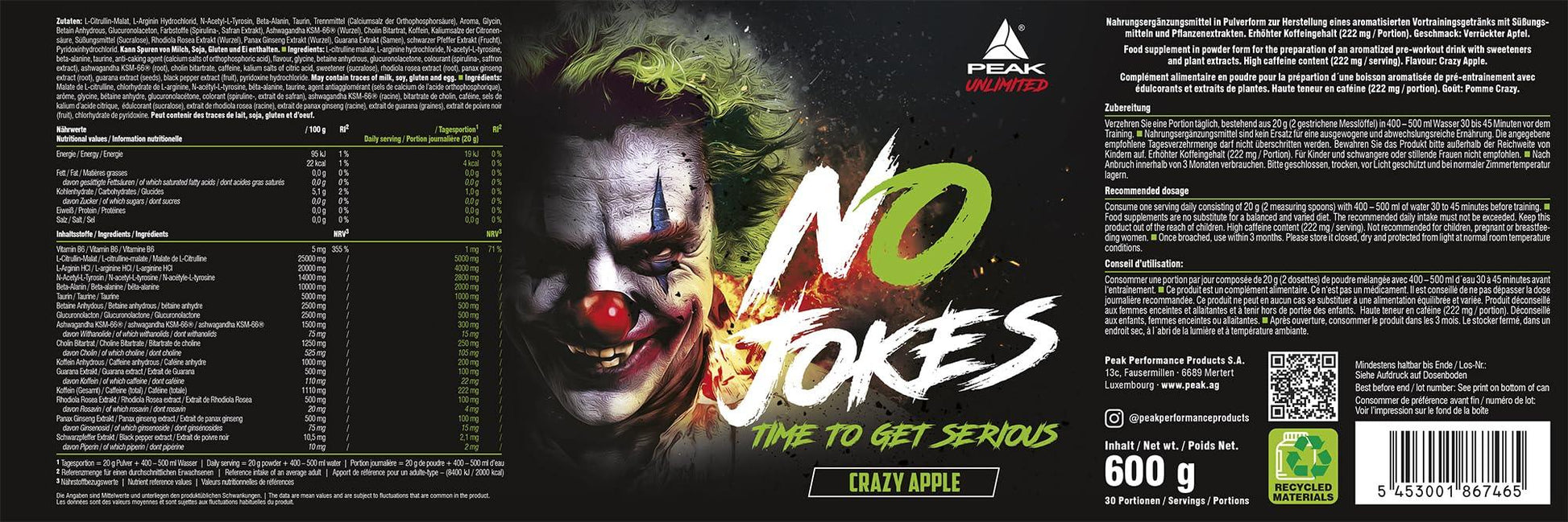 PEAK No Jokes - 600g | Концентриран Pre Workout Booster с L-Citrullin, L-Arginin HCl, Кофеин и Beta-Alanin за напомпаност, фокус и експлозивна енергия | Веган | Различни вкусове - urmax