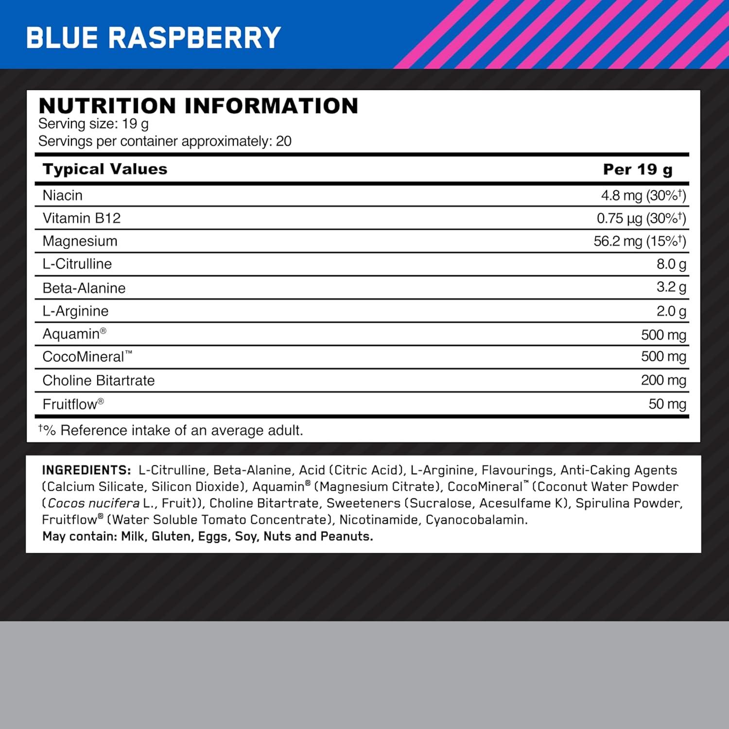 ON Platinum Pump Pre-Workout, Integratore Alimentare Pre-Workout Intenso Senza Caffeina con Fruitflow, Beta-Alanina, L-Arginina, L-Citrullina, Gusto Lampone Blu, 20 Dosi, 380 g - urmax