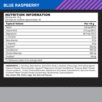 ON Platinum Pump Pre-Workout, Integratore Alimentare Pre-Workout Intenso Senza Caffeina con Fruitflow, Beta-Alanina, L-Arginina, L-Citrullina, Gusto Lampone Blu, 20 Dosi, 380 g - urmax