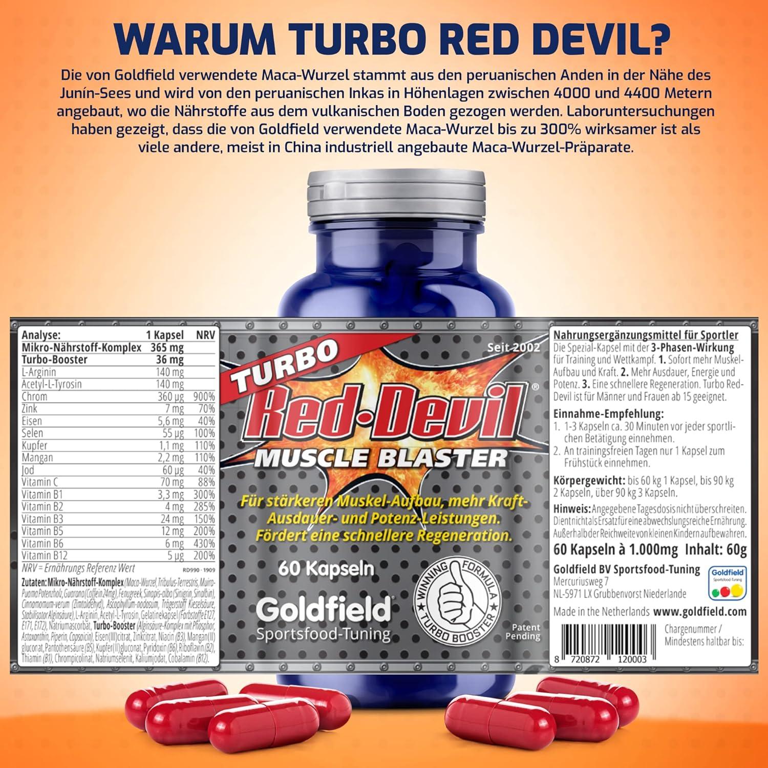 🔥 Goldfield - Turbo Red Devil | 60 капсули | Ултимативен тестостеронов бустер за енергия, сила и издръжливост 💪 Мощна формула | Подпомага мускулния растеж | Повишава енергията и издръжливостта - urmax