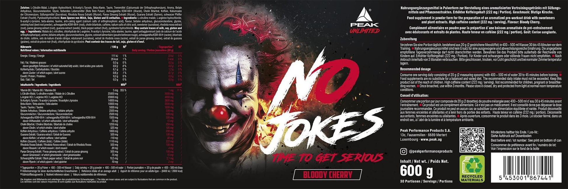PEAK No Jokes - 600g | Концентриран Pre Workout Booster с L-Citrullin, L-Arginin HCl, Кофеин и Beta-Alanin за напомпаност, фокус и експлозивна енергия | Веган | Различни вкусове - urmax