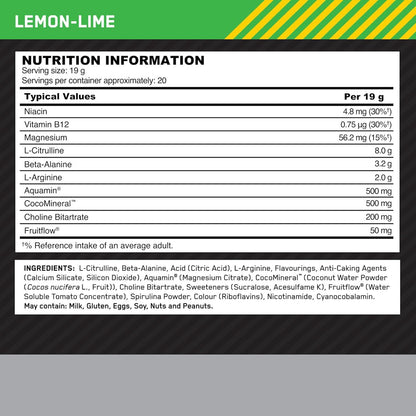 Optimum Nutrition Platinum PUMP Pre-Workout, Integratore Alimentare Pre-Workout Intenso Senza Caffeina con Fruitflow, Beta-Alanina, L-Arginina, L-Citrullina, Gusto Lime, 20 dosi, 380 g - urmax