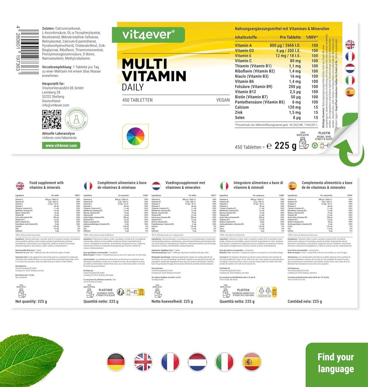 Multivitamin Daily - 450 Tabletten mit Bioaktiv-Formen - 15 Monate Vorrat - Wertvolle Mineralien & alle A-Z Vitamine - Vegan - urmax