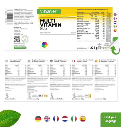 Multivitamin Daily - 450 Tabletten mit Bioaktiv-Formen - 15 Monate Vorrat - Wertvolle Mineralien & alle A-Z Vitamine - Vegan - urmax