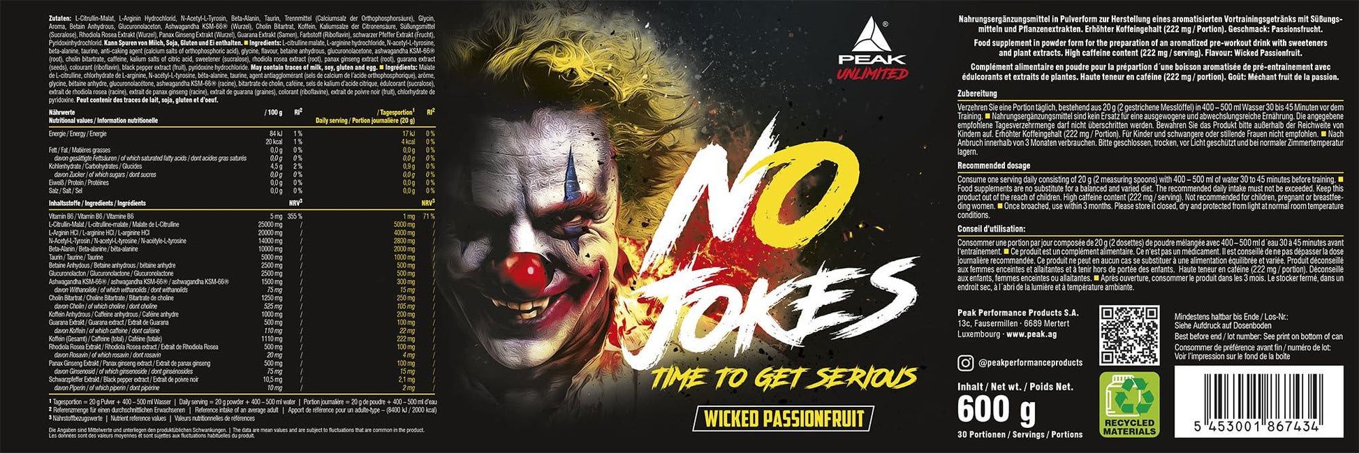 PEAK No Jokes - 600g | Концентриран Pre Workout Booster с L-Citrullin, L-Arginin HCl, Кофеин и Beta-Alanin за напомпаност, фокус и експлозивна енергия | Веган | Различни вкусове - urmax