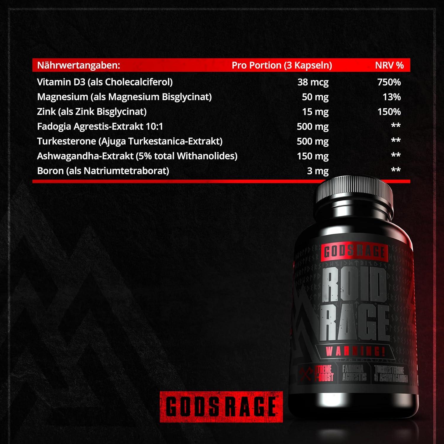 GODSRAGE ROID RAGE – 500 mg Turkesteron, 500 mg Fadogia Agrestis & 150 mg Ashwagandha – Einzigartiges & Hochdosiertes 3-in-1 Supplement – Die stärkste Alternative zu Tongkat Ali, 90 Kapseln – Germany - urmax