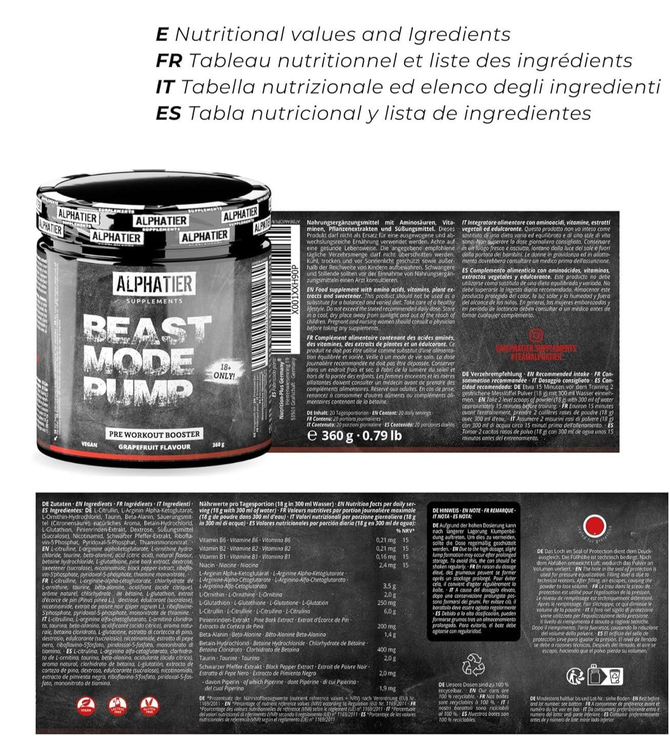 Alphatier Beastmode Pump Booster ohne Koffein + Creatin - klumpenfrei - Pre Workout 360 g Pulver - hochdosiert mit Beta Alanin, Citrullin, Arginin - urmax