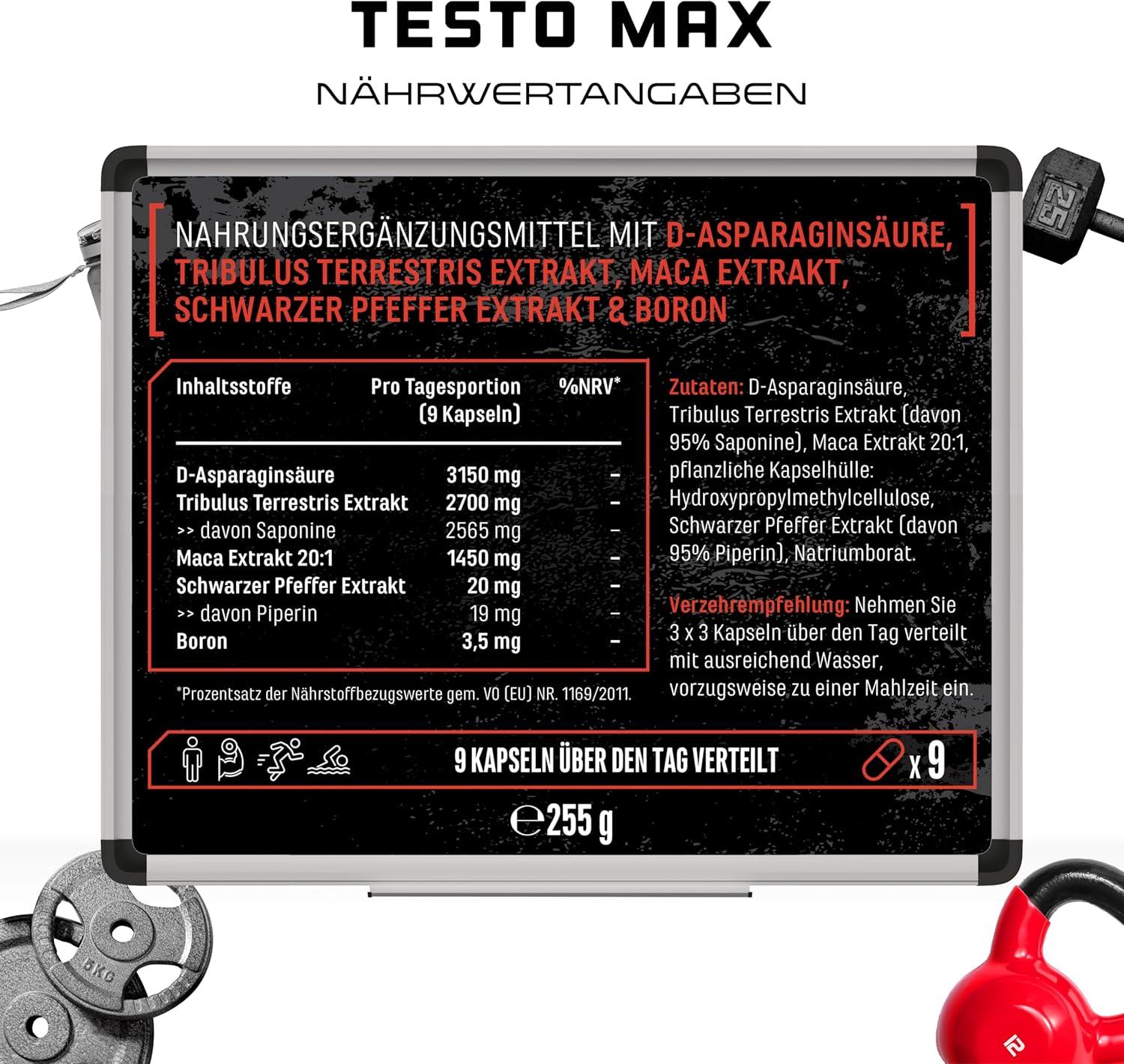 Testo MAX - 270 Capsules - High Dose (6780 mg) per Daily Serving with Amino Acids + Plant Extracts Tribulus + Maca Extract + Boron + D-Aspartic Acid - Laboratory-Tested - German Elite Nutrition - urmax