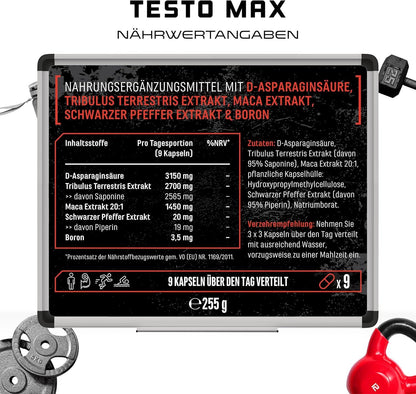 Testo MAX - 270 Capsules - High Dose (6780 mg) per Daily Serving with Amino Acids + Plant Extracts Tribulus + Maca Extract + Boron + D-Aspartic Acid - Laboratory-Tested - German Elite Nutrition - urmax