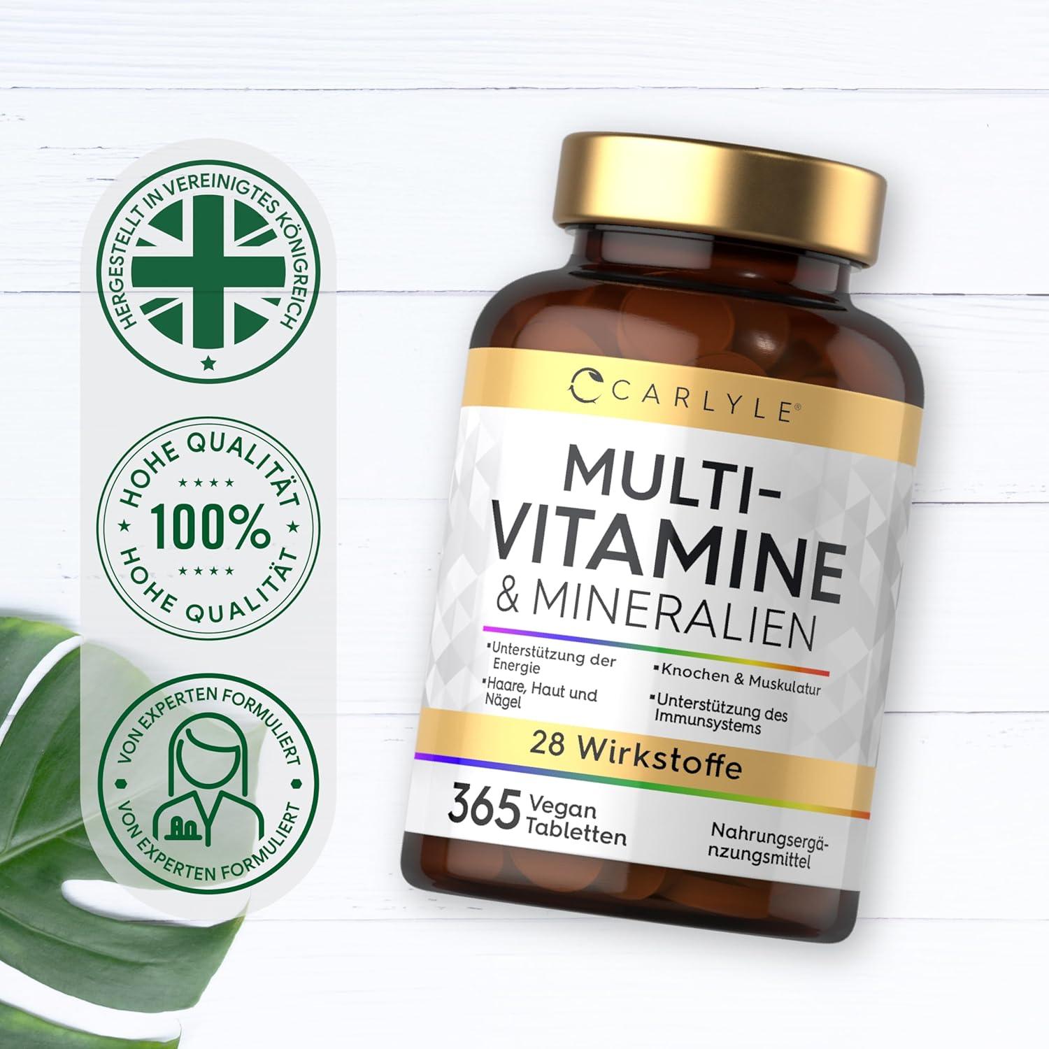 Multivitamin Tablets High Dose with 28 Vitamins & Minerals | 365 Vegan Pieces | Immune System & Blood Pressure (EFSA) | Dietary Supplement Women & Men | Minerals Complex | by Carlyle - urmax