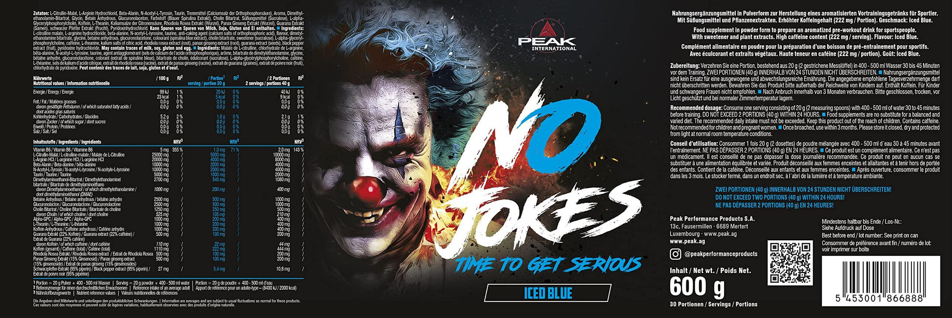 PEAK No Jokes - 600g | Концентриран Pre Workout Booster с L-Citrullin, L-Arginin HCl, Кофеин и Beta-Alanin за напомпаност, фокус и експлозивна енергия | Веган | Различни вкусове - urmax