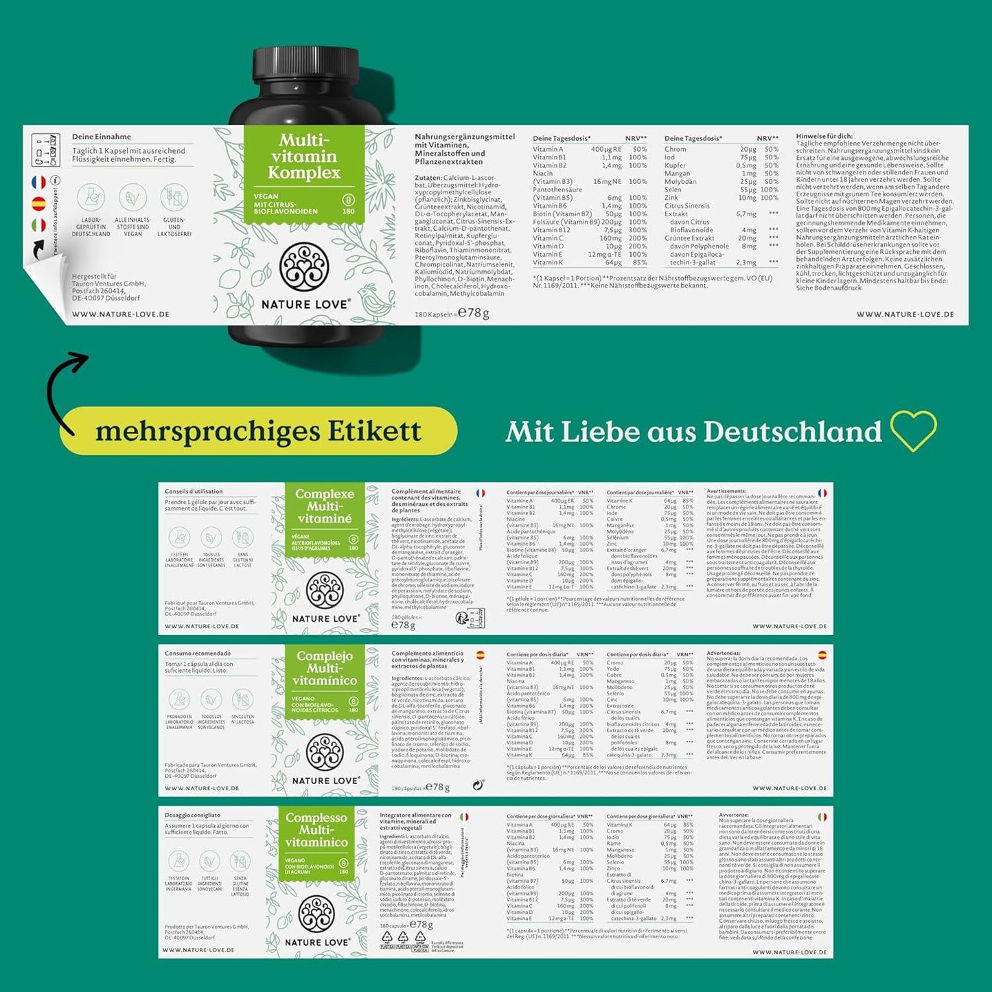 Multivitamin Komplex – 180 vegane Kapseln – Vitamine A-Z & Mineralstoffe – mit Grünteeextrakt und Citrus-Bioflavonoiden – hochdosiert und mit Bioaktiv-Formen – laborgeprüft, ohne unnötige Zusätze - urmax