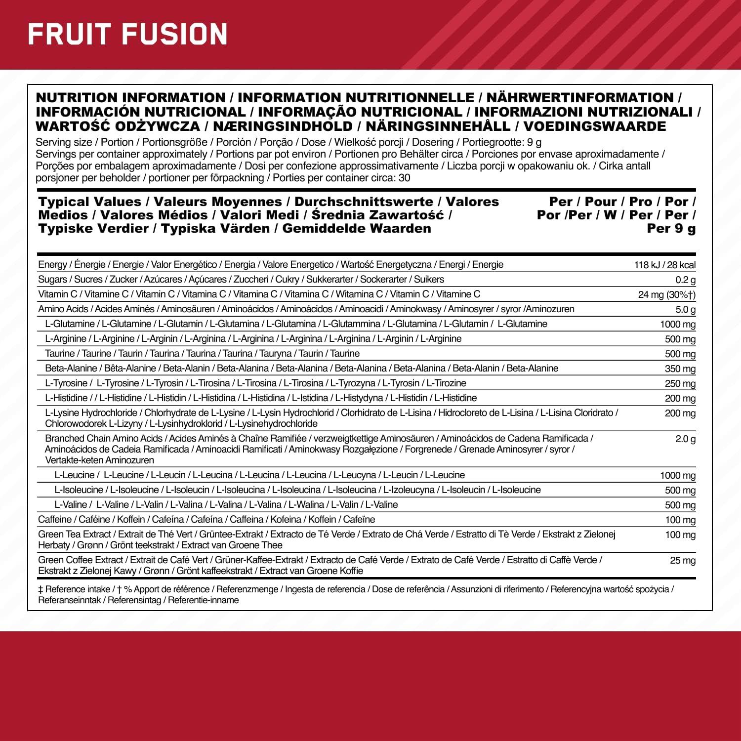 Optimum Nutrition Amino Energy Pre Workout Powder Keto Friendly with Beta Alanine, Caffeine, Amino Acids and Vitamin C, Fruit Fusion, 30 Servings, 270g - urmax