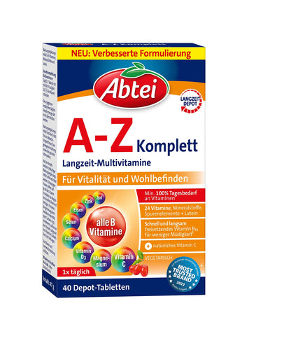 Abtei A-Z Komplett Langzeit-Multivitamine - 24 Vitamine und Mineralstoffe - hochdosiert, vegetarisch - 40 Depot-Tabletten - urmax