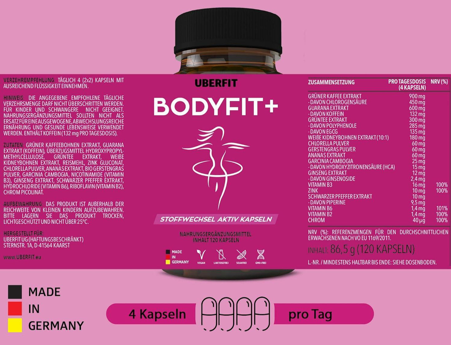 UberFit® Bodyfit+ Natural Metabolism Complex [Premium Quality] - with Guarana, Green Coffee, Green Tea, Garcinia Cambogia, White Kidney Beans, Chlorella, Ginseng and much more (120 Vegan Capsules) - urmax