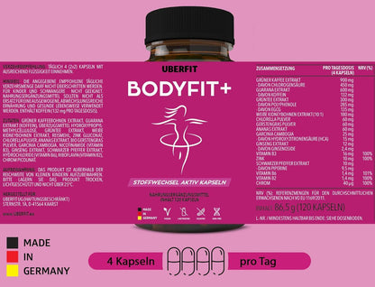 UberFit® Bodyfit+ Natural Metabolism Complex [Premium Quality] - with Guarana, Green Coffee, Green Tea, Garcinia Cambogia, White Kidney Beans, Chlorella, Ginseng and much more (120 Vegan Capsules) - urmax
