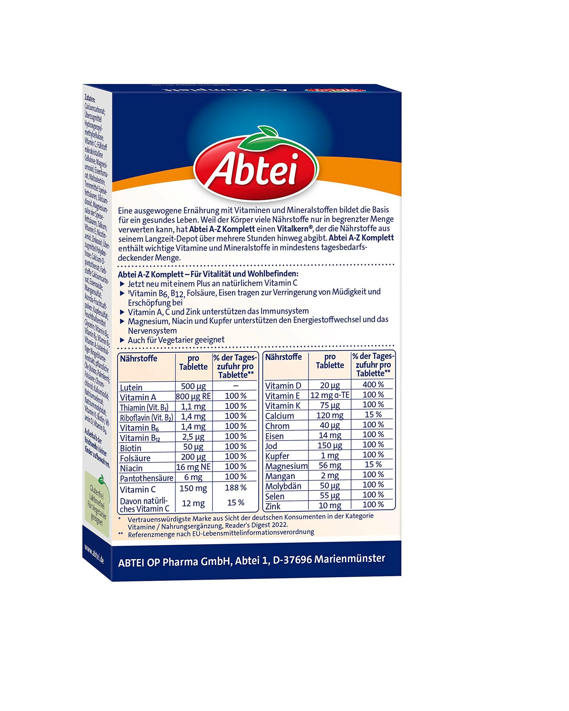 Abtei A-Z Komplett Langzeit-Multivitamine - 24 Vitamine und Mineralstoffe - hochdosiert, vegetarisch - 40 Depot-Tabletten - urmax