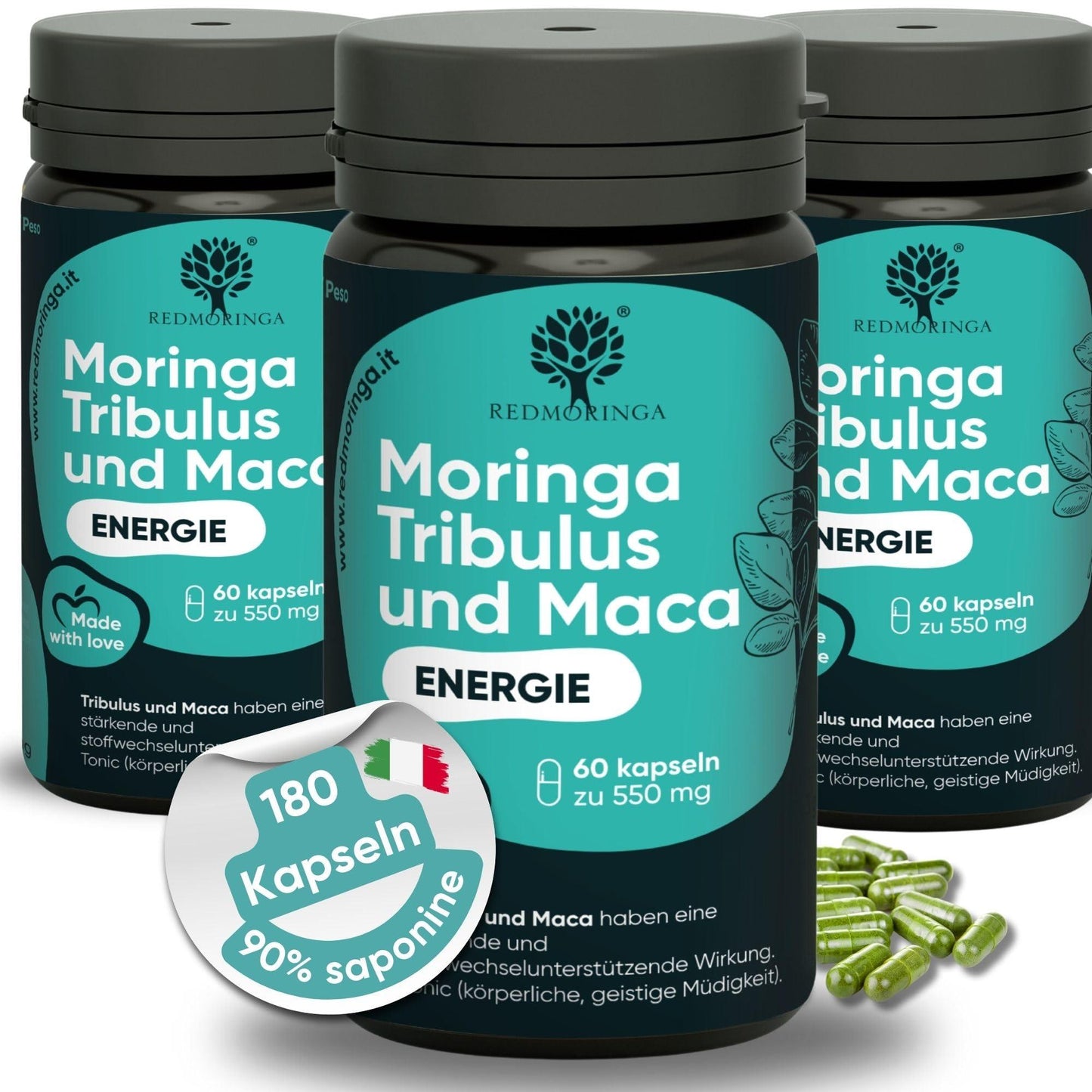 RedMoringa - Tribulus & Maca Kapseln mit 90% Saponinen | Kraft-Booster für Männer mit BIO Moringa | Unterstützung für Muskelaufbau und männliche Vitalität | 60 Kapseln - urmax