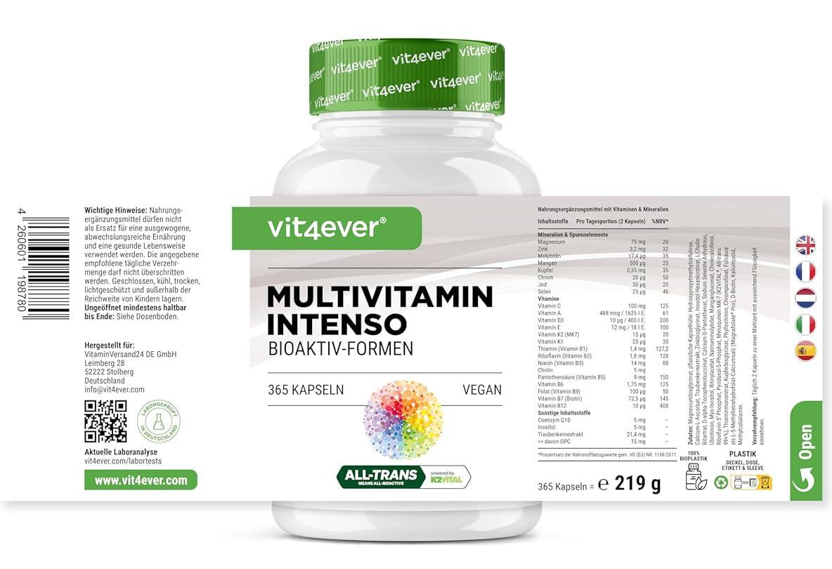 Premium Multivitamin A-Z - 365 hochdosierte Kapseln mit 26 Bioaktiv-Formen & Markenrohstoffe - Vitamine + Mineralien - All In One Komplex - Vegan - urmax