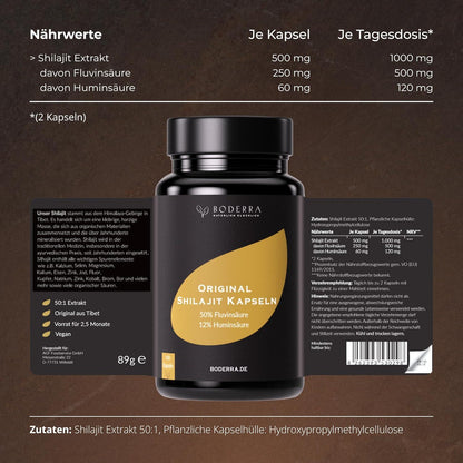 Original Shilajit Kapseln Hochdosiert 100% aus dem HIMALAYA - Shilajit Resin Extrakt 12% Huminsäure & 50% Fulvinsäure - Mumijo Shilajit 1000mg (50:1 Extrakt)=50000mg pro Tag Shilajit Original Vegan - urmax