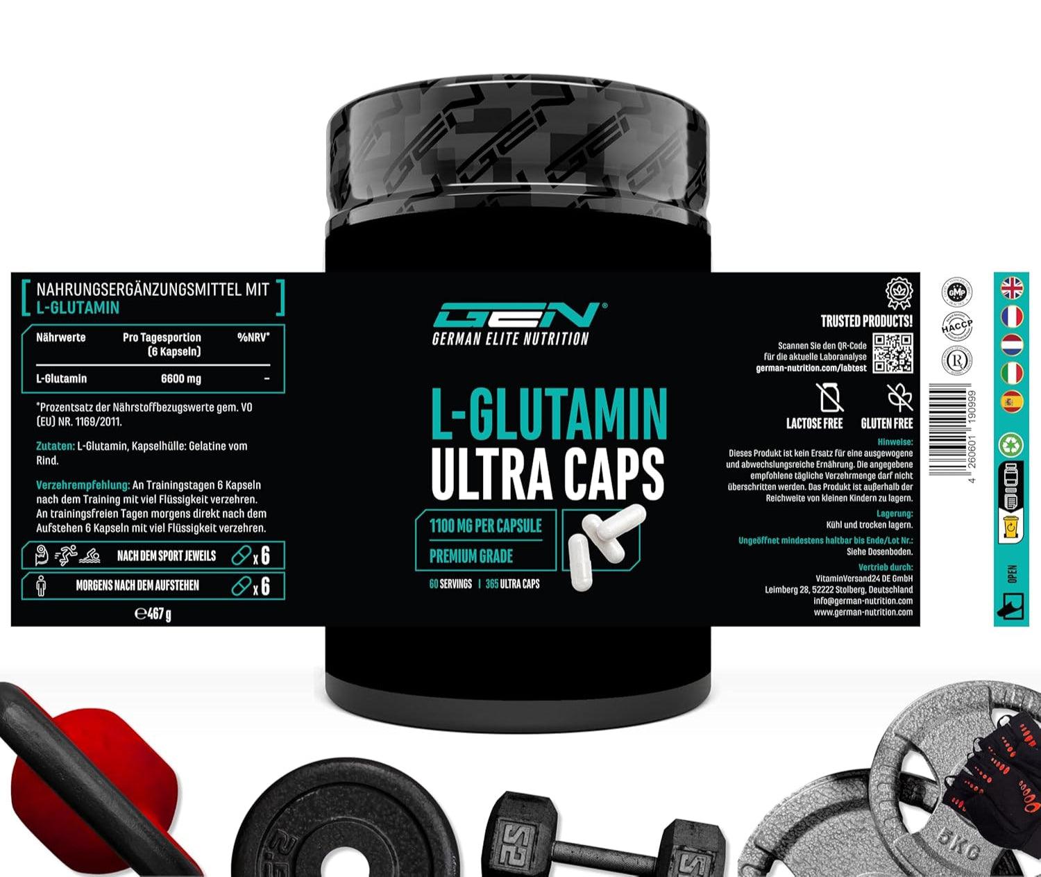 L-Glutamin Ultra Caps - 365 Капсули, 1100 mg Всяка – Висококачествен и Ултрафин L-Глутамин 💪 Бързо възстановяване, силна имунна система и оптимална мускулна подкрепа! - urmax