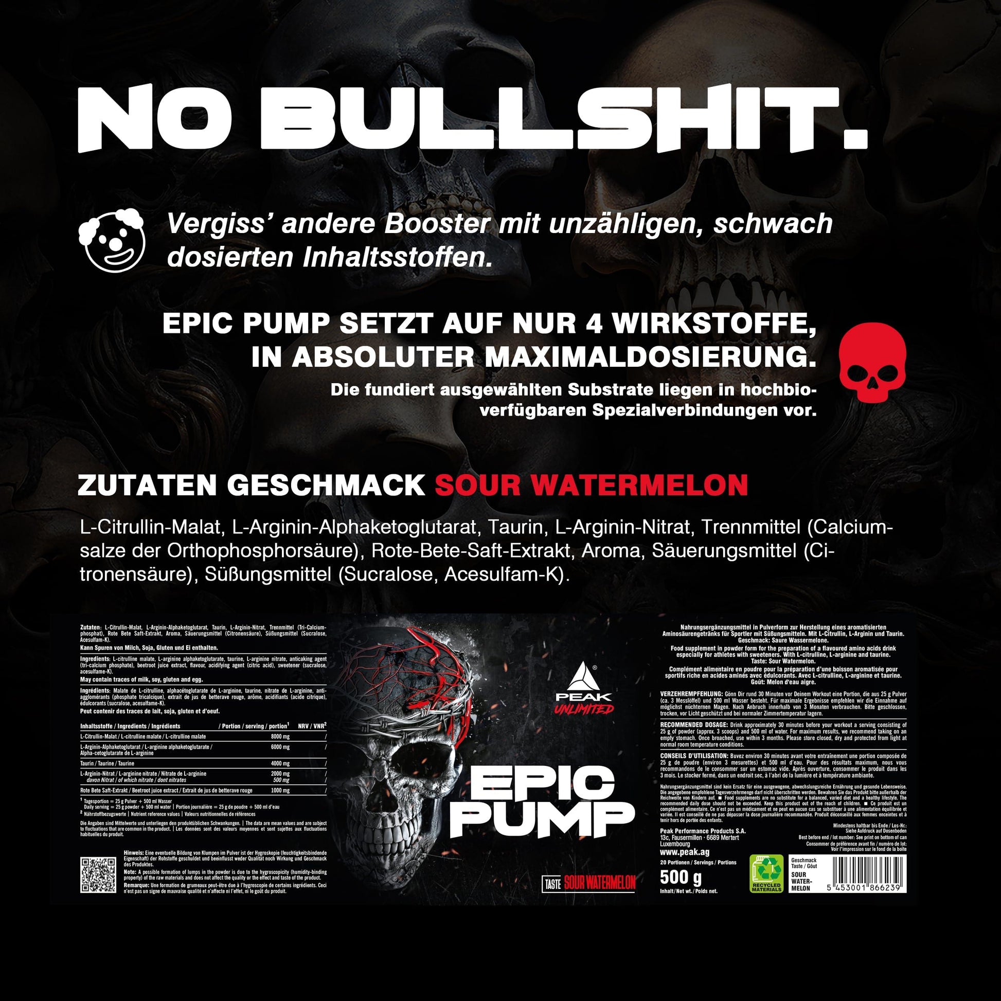 EAK Epic Pump – 500g | Fresh Berry | 20 Дози | Концентриран Pre-Workout Booster без Кофеин | L-Citrullin Malat, L-Arginin AKG (AAKG), Nitrat, Taurin | Веган - urmax