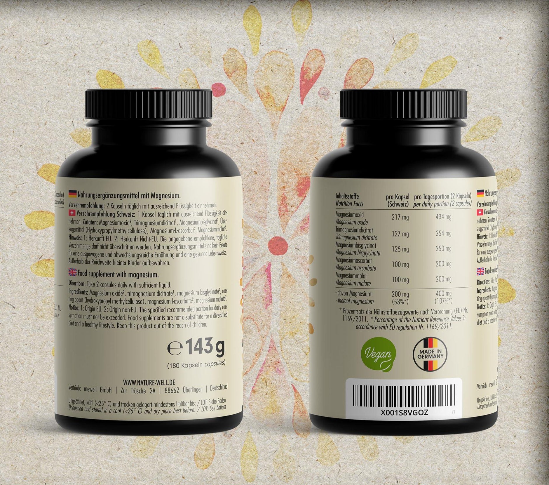Magnesium Komplex 180 Kapseln, 400 mg pro Tag aus 5 hochwertigen -Formen: -Oxid, Citrat, Bisglycinat, Malat & Ascorbat, optimale Bioverfügbarkeit, Vorrat für 3 Monate - urmax