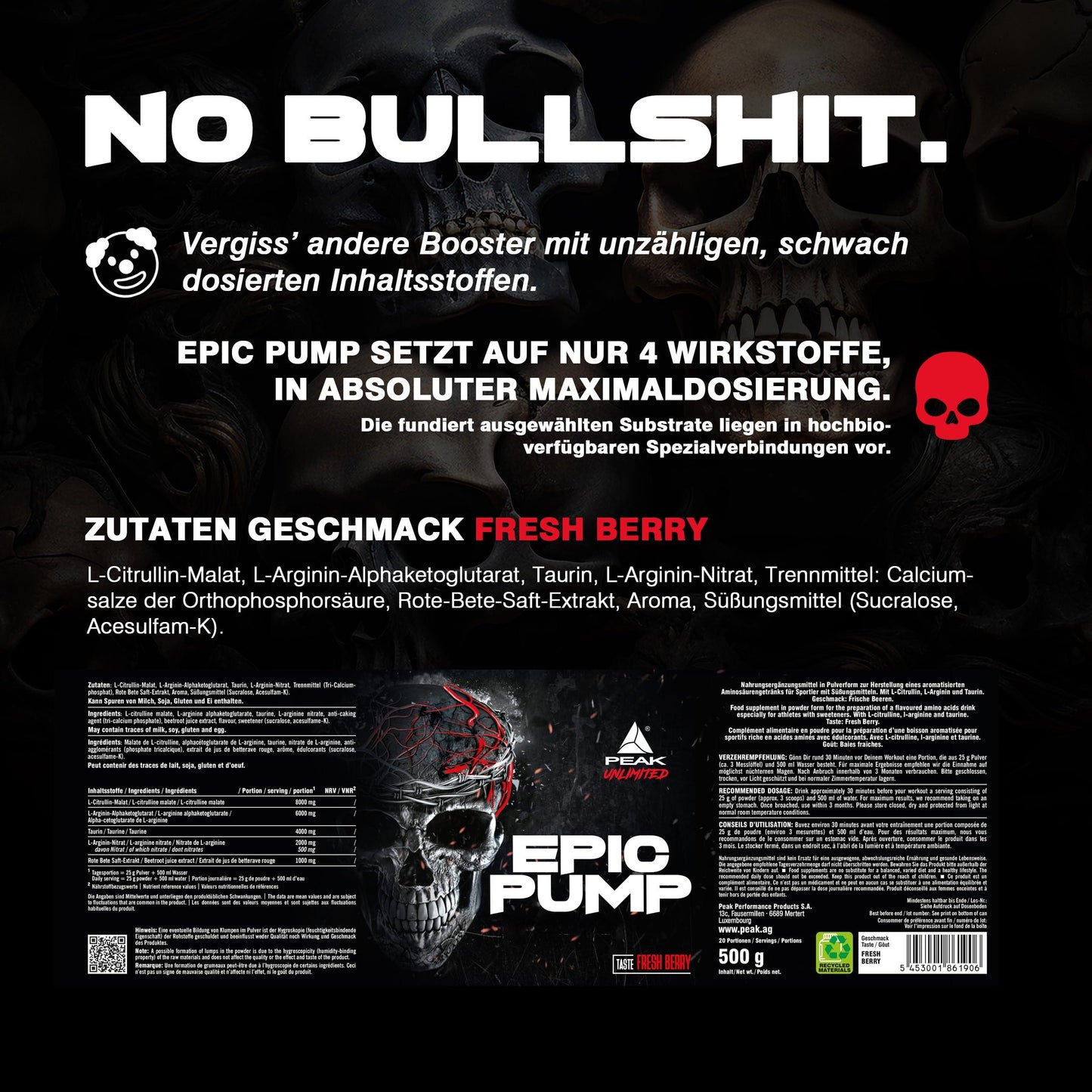 EAK Epic Pump – 500g | Fresh Berry | 20 Дози | Концентриран Pre-Workout Booster без Кофеин | L-Citrullin Malat, L-Arginin AKG (AAKG), Nitrat, Taurin | Веган - urmax