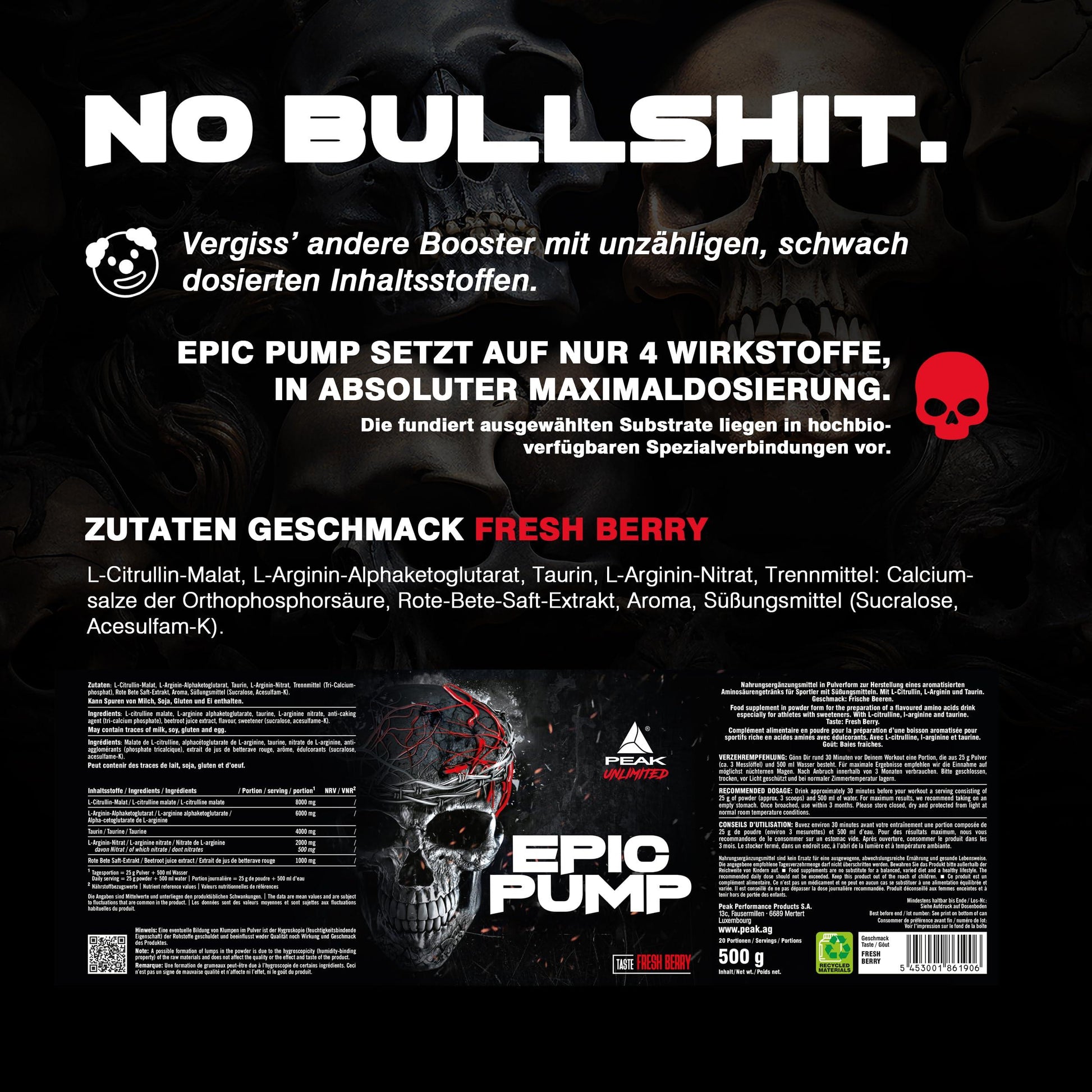 EAK Epic Pump – 500g | Fresh Berry | 20 Дози | Концентриран Pre-Workout Booster без Кофеин | L-Citrullin Malat, L-Arginin AKG (AAKG), Nitrat, Taurin | Веган - urmax