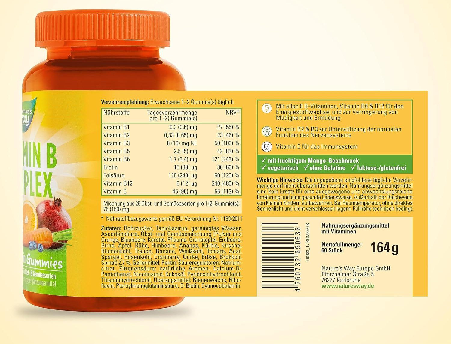 Vitamin B Komplex Multivitamin Gummibärchen hochdosiert - lecker & gesunde Gummies mit Vitamin C Folsäure & 8 B-Vitamine B1 B2 B3 B5 B6 Biotin Vitamin B12 - vegetarisch- tägliche Energie - 60 Stk - urmax