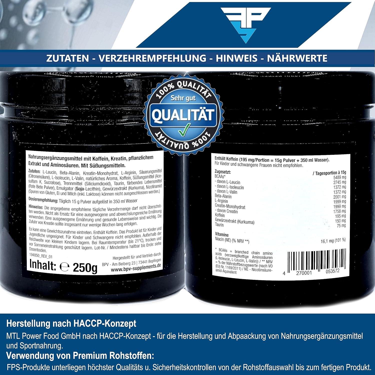 FPS- HARDCORE FIGHT BOOSTER/PRE WORKOUT BOOSTER | 250g Pulver | Kirschgeschmack | MIT: Aminosäuren, BCAAs, Creatin, Koffein, Taurin und Kurkuma - urmax