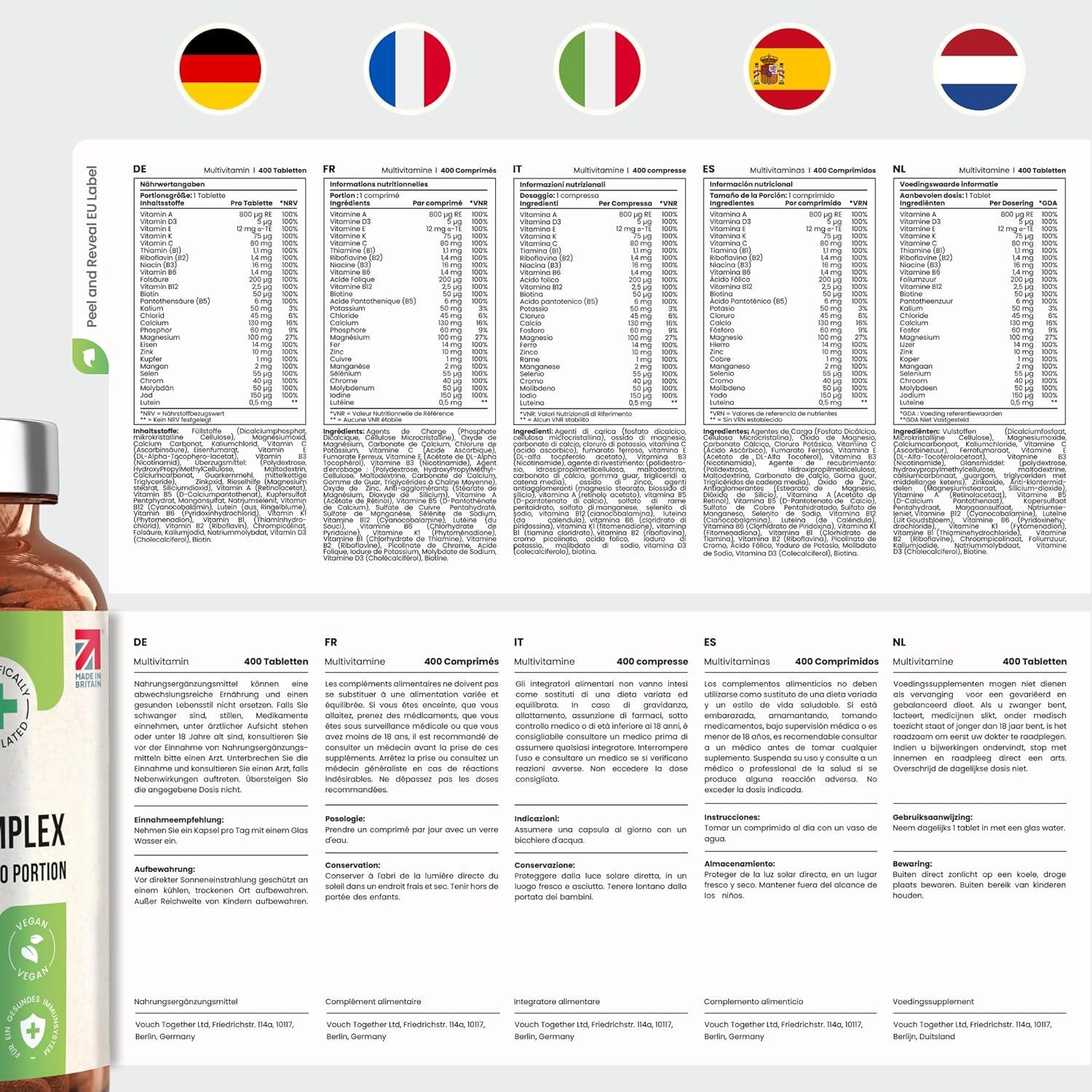 Multivitamin Tabletten Hochdosiert 400, 13 Monate Vitamine, Mineralien & Ergänzungsmittel A-Z vitamine und mineralstoffe, Nahrungsergänzungsmittel Frauen/Männer, VitaBright Vegan Multivitamin Komplex - urmax