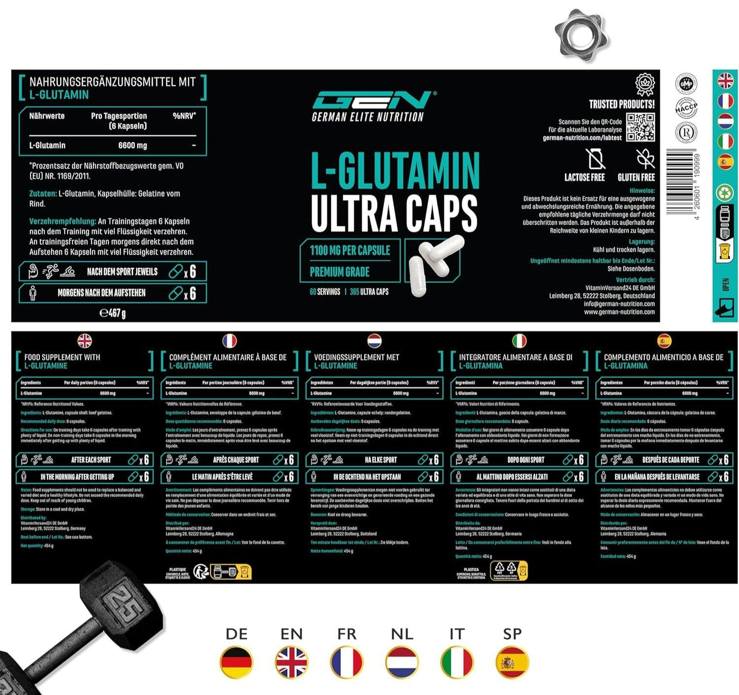 L-Glutamin Ultra Caps - 365 Капсули, 1100 mg Всяка – Висококачествен и Ултрафин L-Глутамин 💪 Бързо възстановяване, силна имунна система и оптимална мускулна подкрепа! - urmax