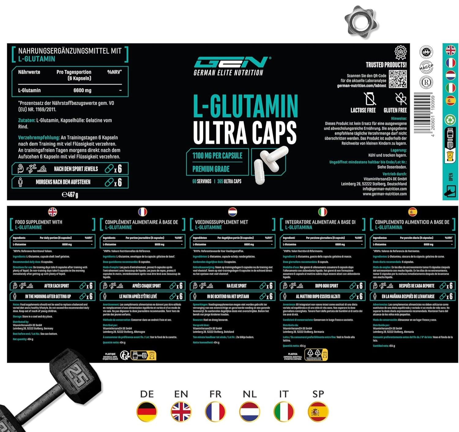 L-Glutamin Ultra Caps - 365 Капсули, 1100 mg Всяка – Висококачествен и Ултрафин L-Глутамин 💪 Бързо възстановяване, силна имунна система и оптимална мускулна подкрепа! - urmax