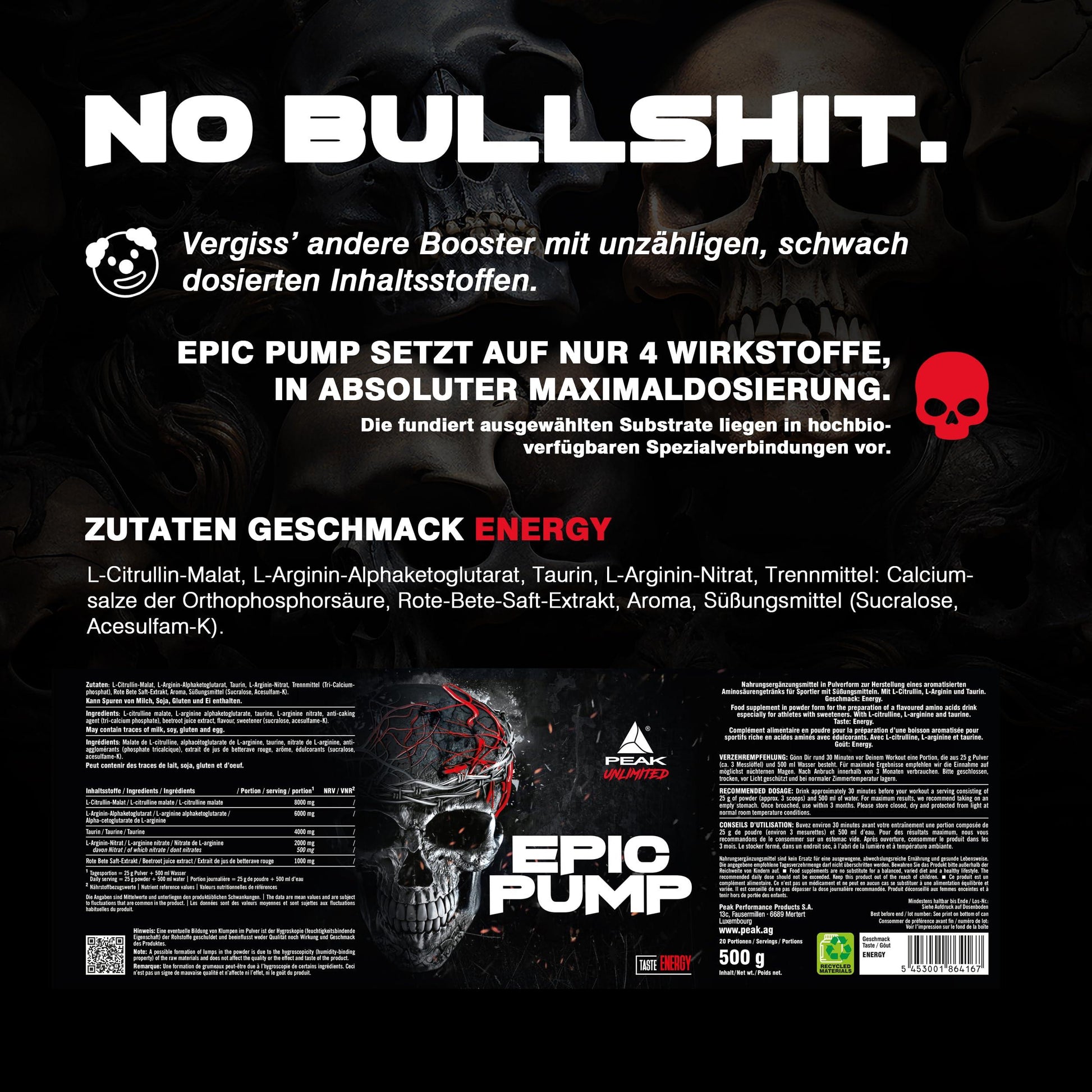 EAK Epic Pump – 500g | Fresh Berry | 20 Дози | Концентриран Pre-Workout Booster без Кофеин | L-Citrullin Malat, L-Arginin AKG (AAKG), Nitrat, Taurin | Веган - urmax
