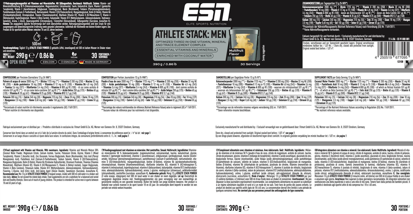 ESN Athlete Stack Men, 210 Kapseln, Alle essentiellen Vitamine und Mineralstoffe, Vegan, Geprüfte Qualität - Made in Germany - urmax