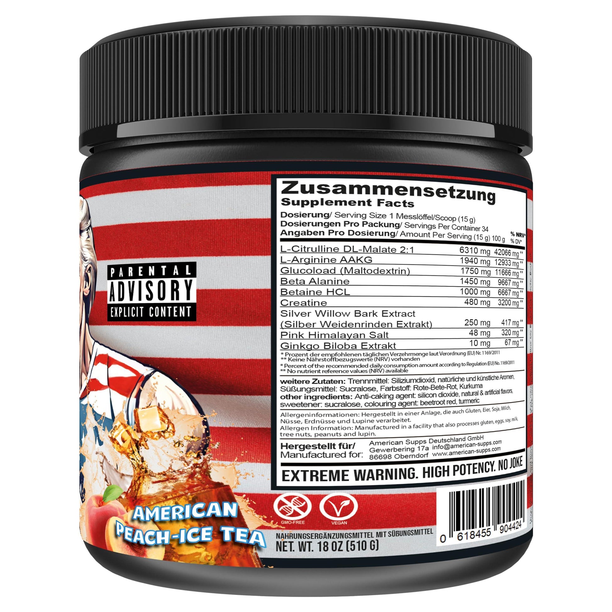 🔥 American Supps® Donald Pump Booster – 510 г | 32 дози | Студен чай с праскова 🏋️‍♂️ MAKE YOUR PUMP GREAT AGAIN! – Максимална васкуларизация, нечовешки пъмпинг и експлозивна сила! - urmax