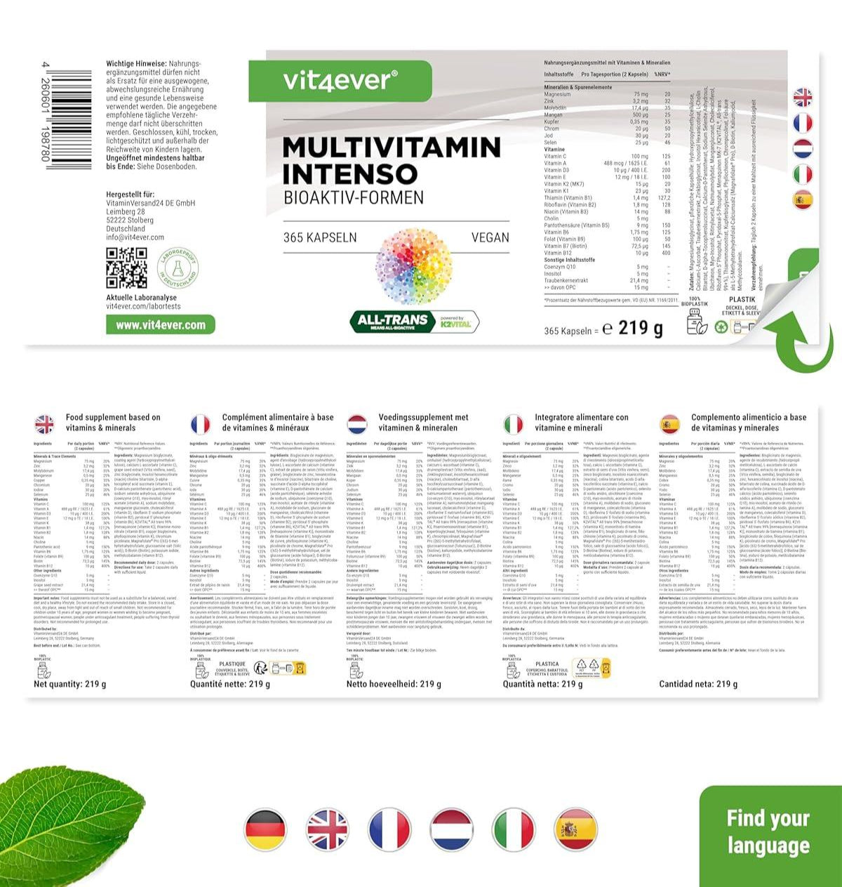 Premium Multivitamin A-Z - 365 hochdosierte Kapseln mit 26 Bioaktiv-Formen & Markenrohstoffe - Vitamine + Mineralien - All In One Komplex - Vegan - urmax