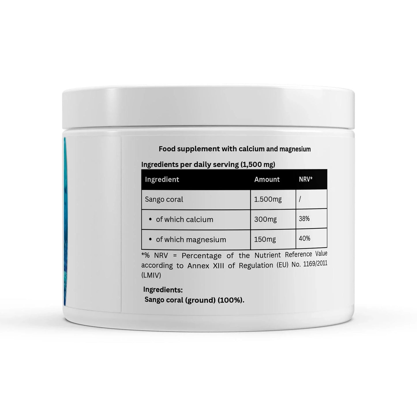 Urmax Sango coral calcium magnesium supplement powder jar with ingredients label visible