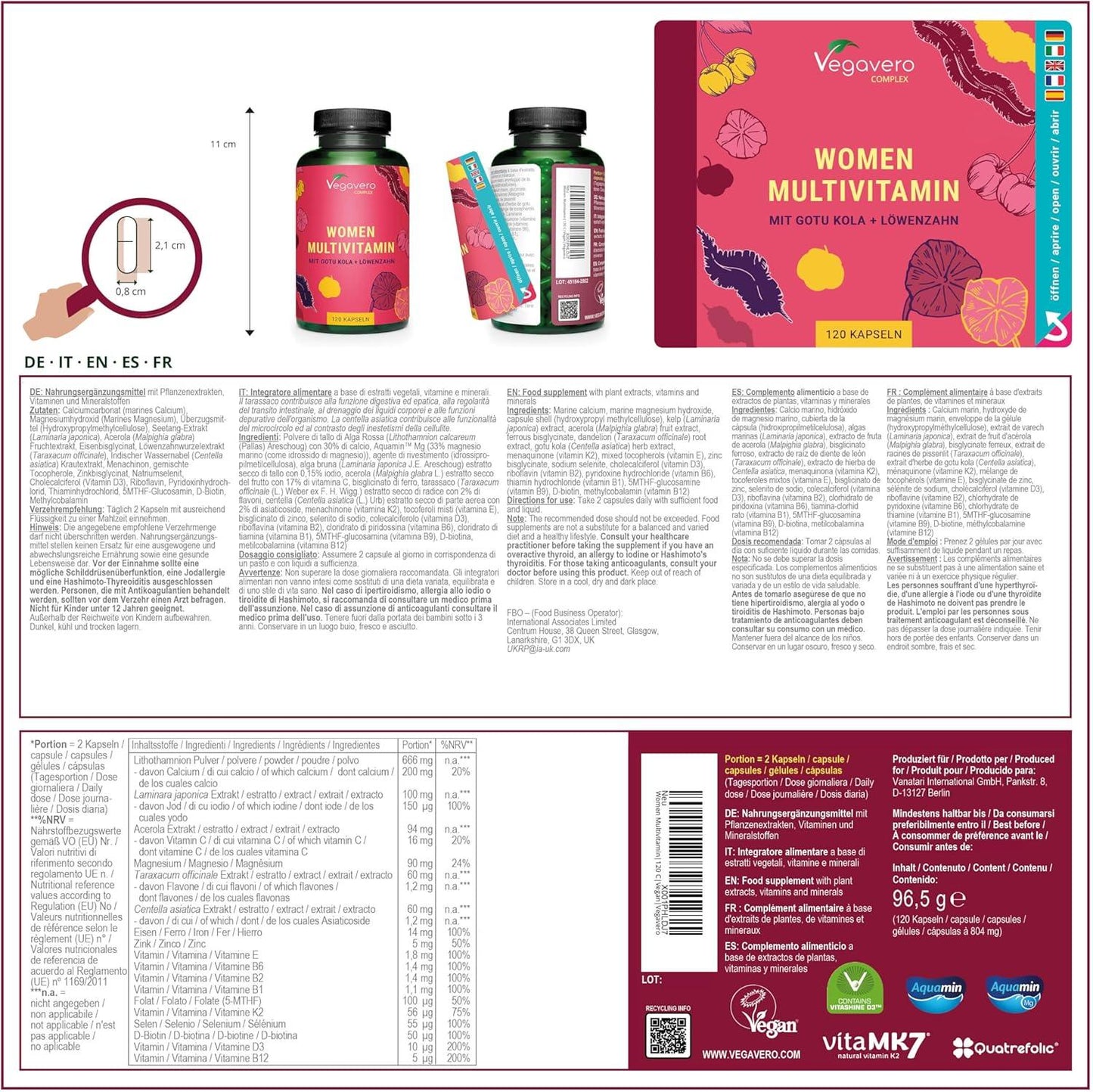 Multivitamin Women Vegavero® | VEGAN | Vitamine & Mineralien für die Frau | Premium Markenrohstoffe | Mit Gotu Kola & Löwenzahn | A-Z Vitamins | Ohne Zusätze | 120 Kapseln - urmax