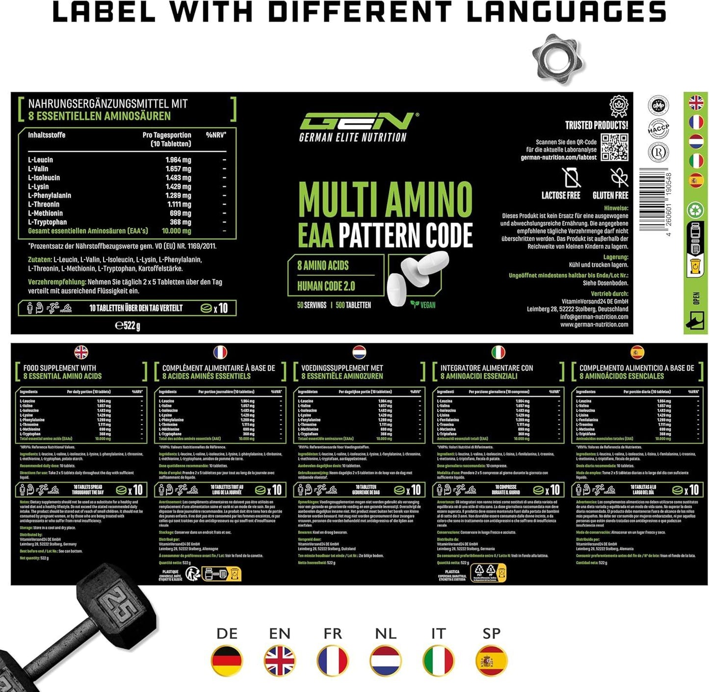 Multi Amino-EAA Pattern Code - 500 Tabletten mit je 1000 mg - Human Code Formel - Alle 8 essentielle Aminosäuren - Aus pflanzlicher Fermentation - Hochdosiert - Vegan - urmax