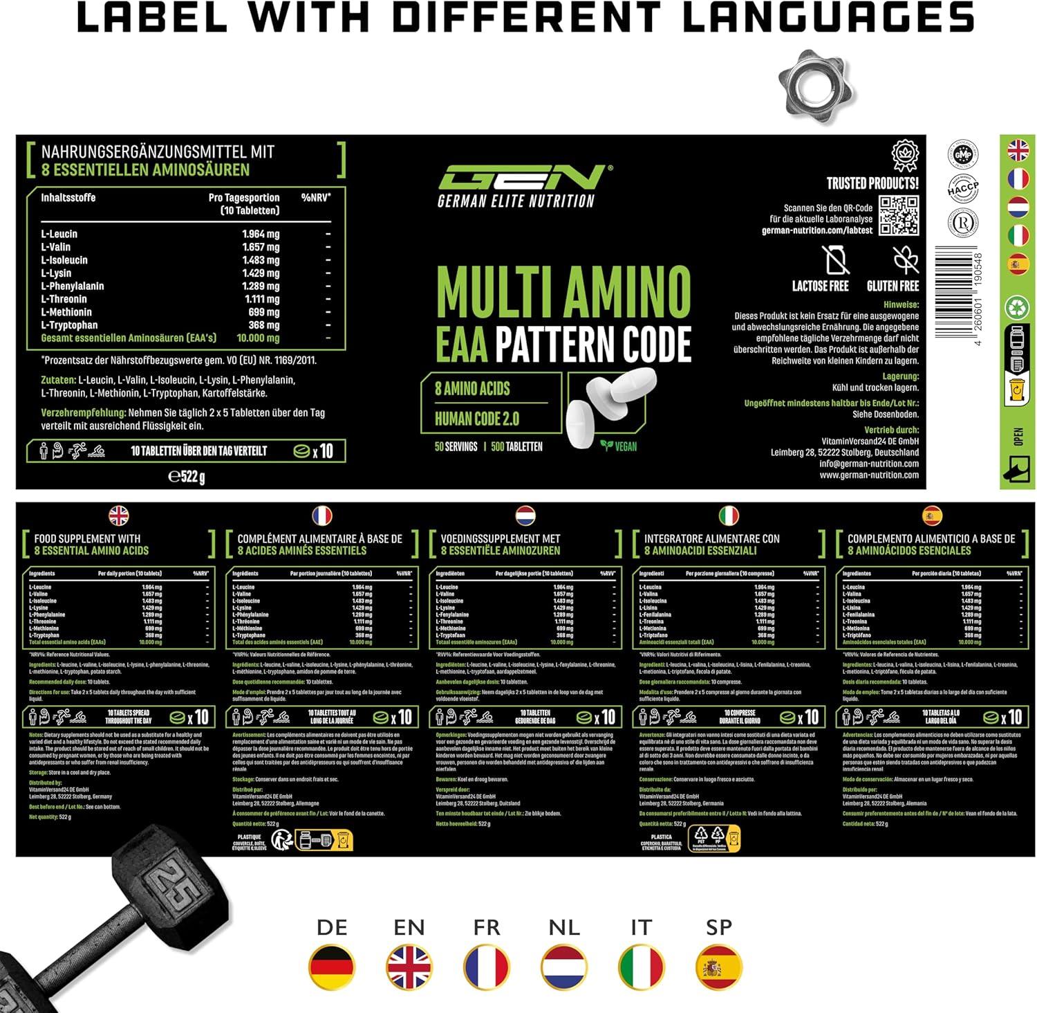 Multi Amino-EAA Pattern Code - 500 Tabletten mit je 1000 mg - Human Code Formel - Alle 8 essentielle Aminosäuren - Aus pflanzlicher Fermentation - Hochdosiert - Vegan - urmax
