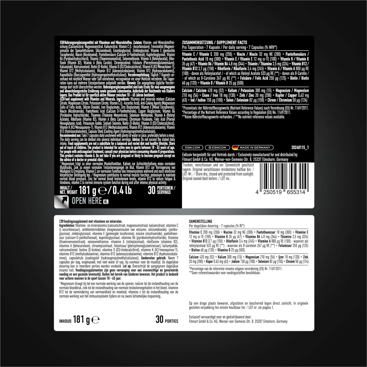 ESN Athlete Stack Men, 210 Kapseln, Alle essentiellen Vitamine und Mineralstoffe, Vegan, Geprüfte Qualität - Made in Germany - urmax