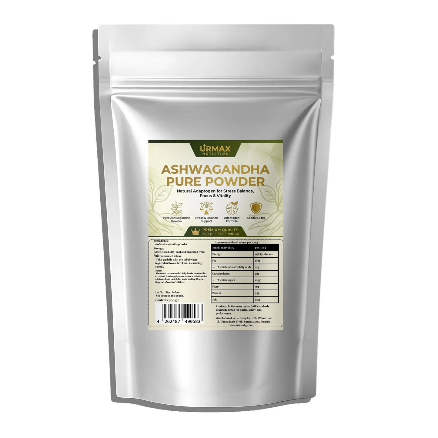 Urmax Ashwagandha Pure Powder supplement in silver resealable pouch, front label visible
