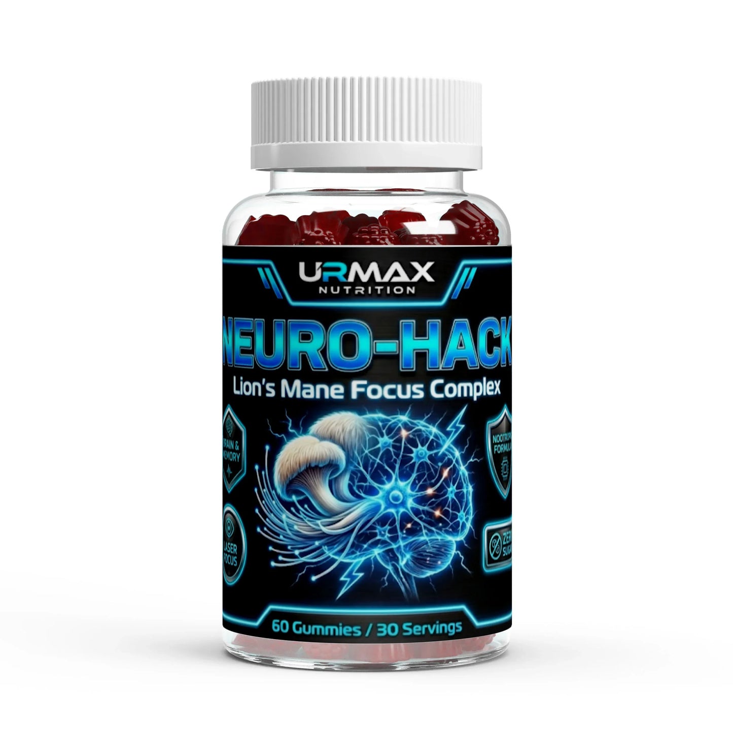 Urmax Nutrition Neuro-Hack Lion's Mane Focus Complex gummies bottle, brain health supplement