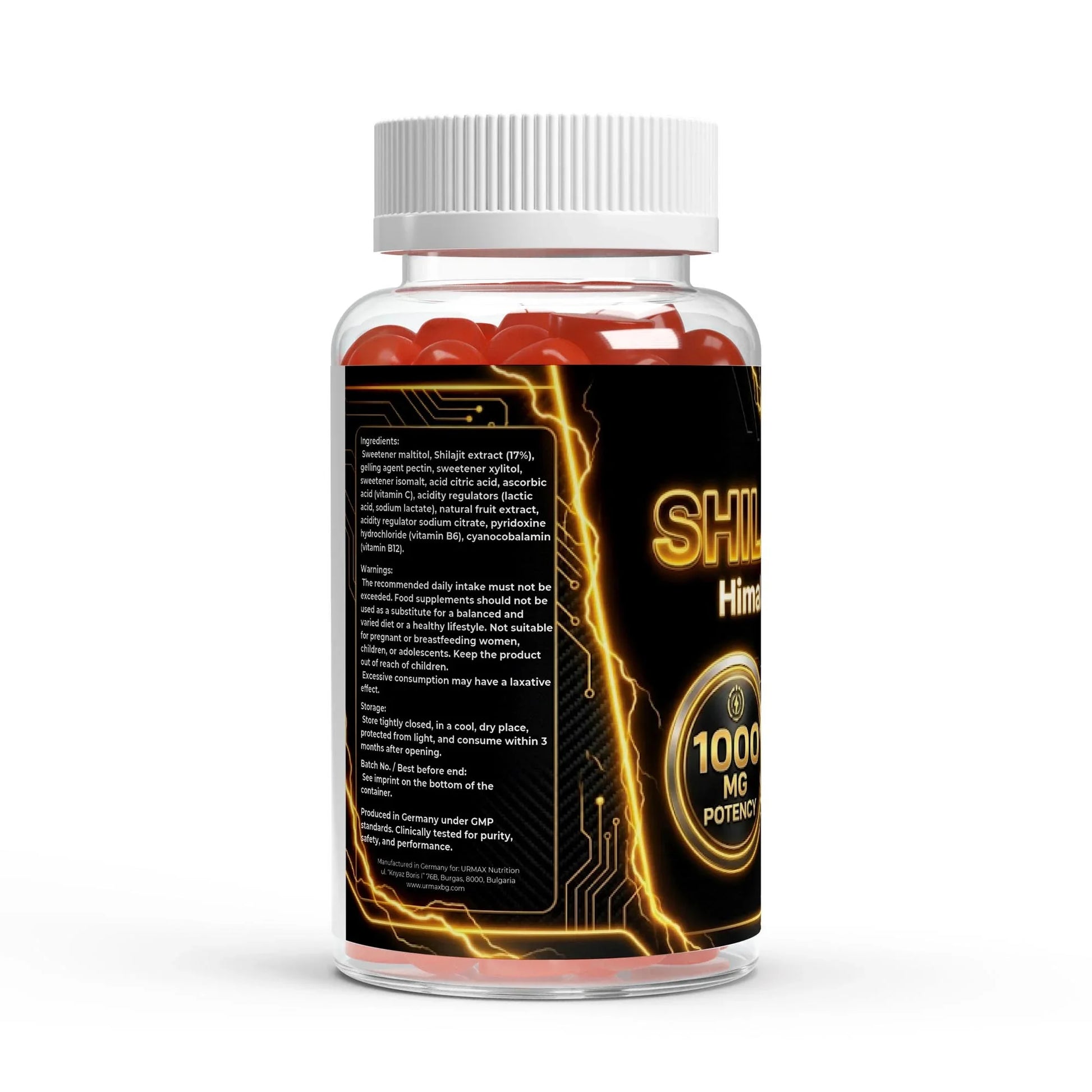 Urmax Shilajit supplement bottle, black label, 1000 mg potency, visible red capsules