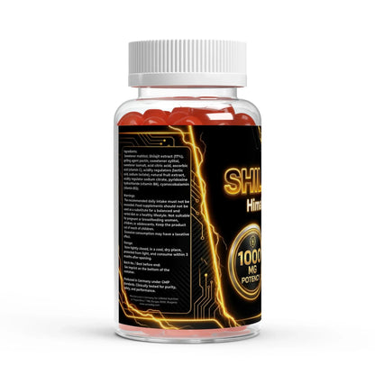 Urmax Shilajit supplement bottle, black label, 1000 mg potency, visible red capsules