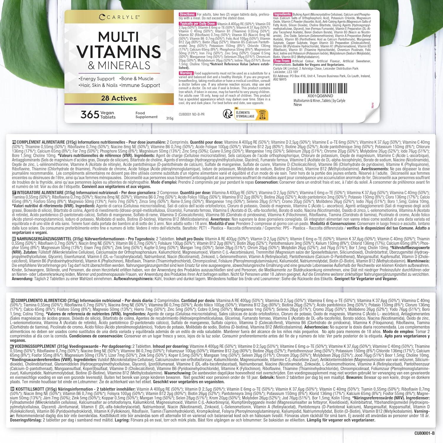Multivitamin Tablets High Dose with 28 Vitamins & Minerals | 365 Vegan Pieces | Immune System & Blood Pressure (EFSA) | Dietary Supplement Women & Men | Minerals Complex | by Carlyle - urmax