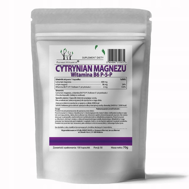 🧠 MAGNESIUMCITRAT + AKTIVES B6 P-5-P – 600 mg Magnesium + 2 mg Vitamin B6 (P5P) – 100 Kapseln