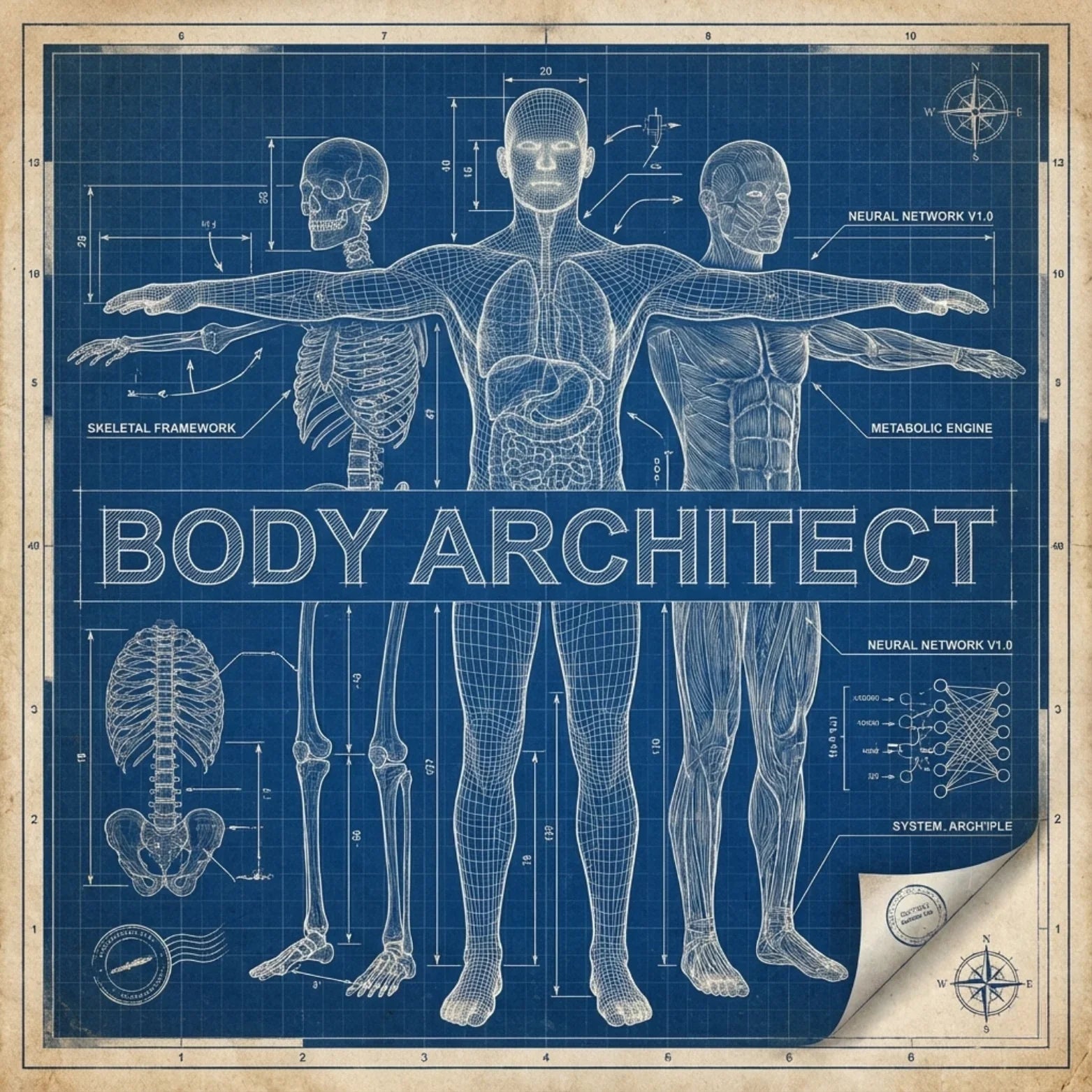 Blueprint-style illustration of human anatomy with 'Body Architect' text, promoting URMAX supplements.